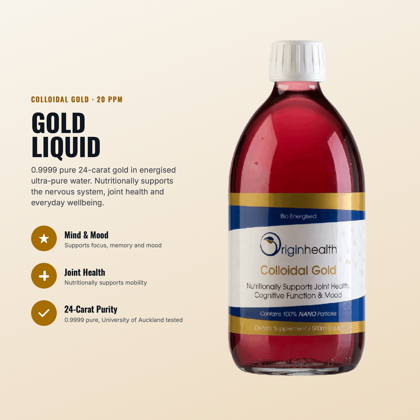 A bottle of Origin Health Colloidal Gold NZ liquid supplement on a light beige background, with product information text displayed to the left. The bottle contains a deep red liquid and has a white cap with a blue, white, and gold label.