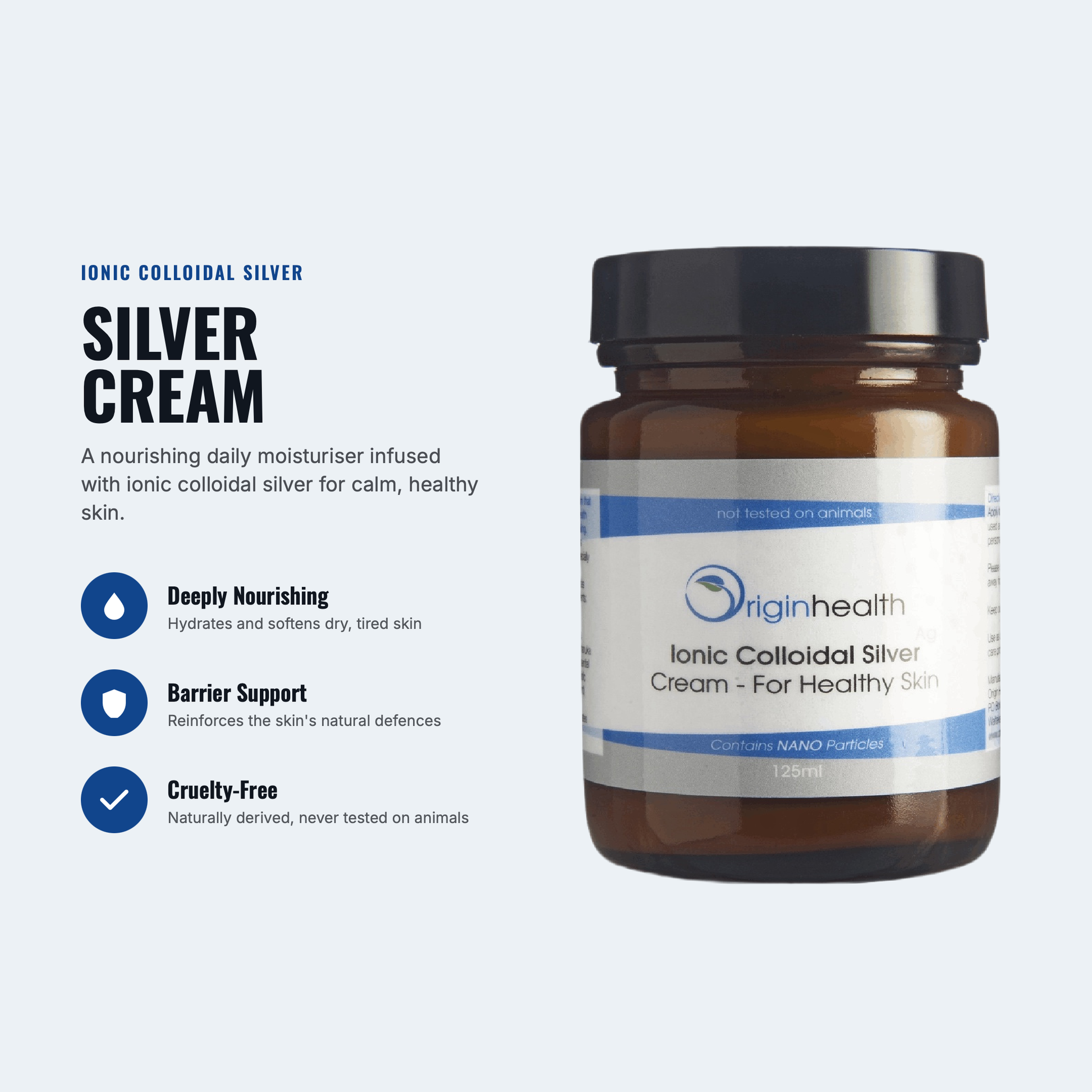 A bottle of Origin Health Colloidal Silver Cream NZ on a light blue background, with descriptive text and bullet points on the left highlighting its ionic colloidal silver formula and benefits.