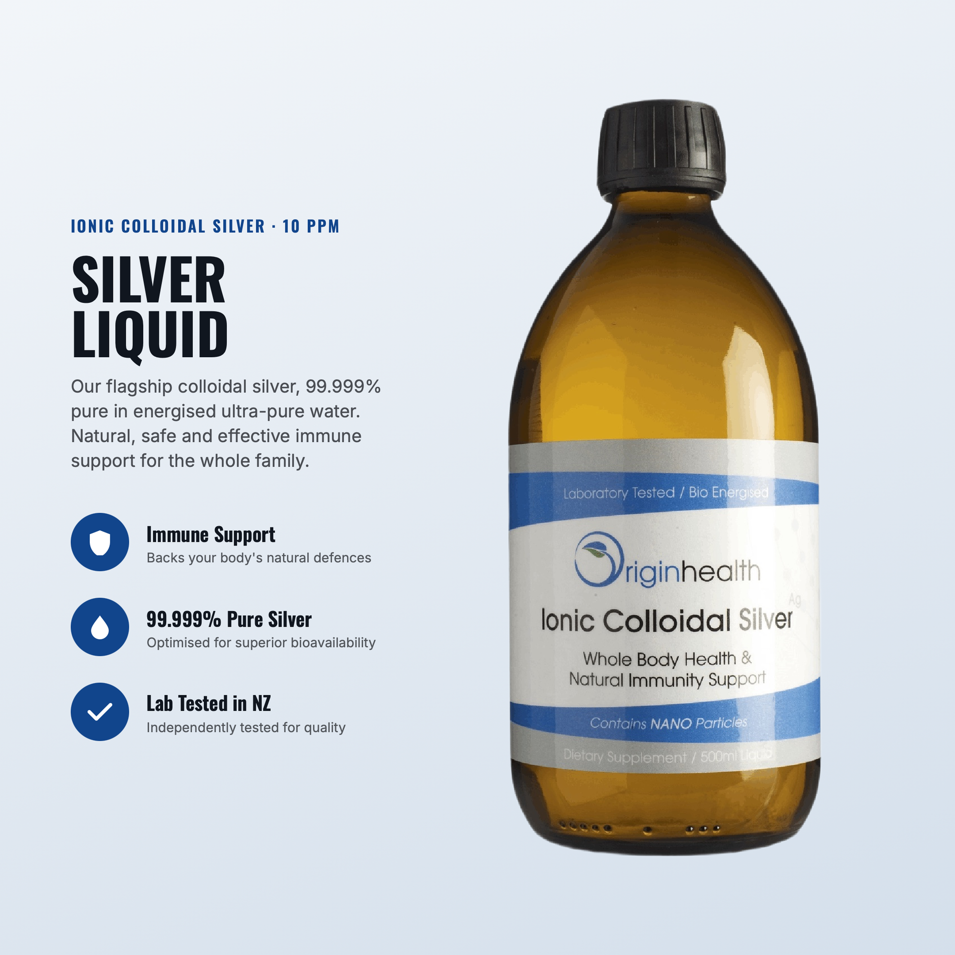 A bottle of Origin Health Ionic Colloidal Silver NZ on a light blue background, accompanied by marketing text detailing its 10 PPM silver content and benefits.