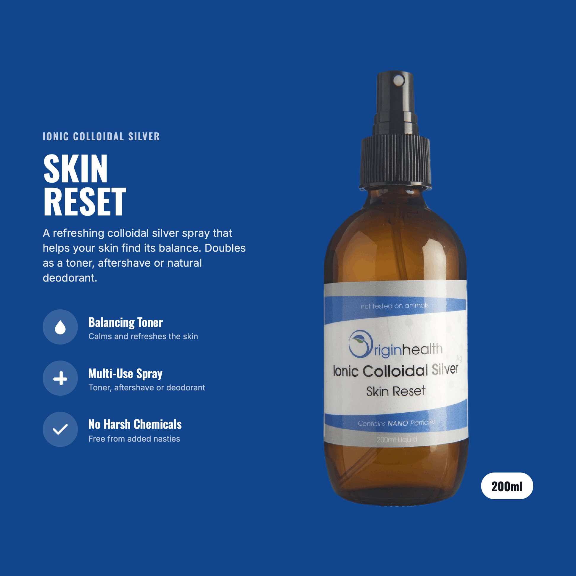 An amber glass spray bottle labeled 'Origin Health Ionic Colloidal Silver NZ Skin Reset' on a solid blue background, with descriptive text on the left detailing its skin-resetting properties.